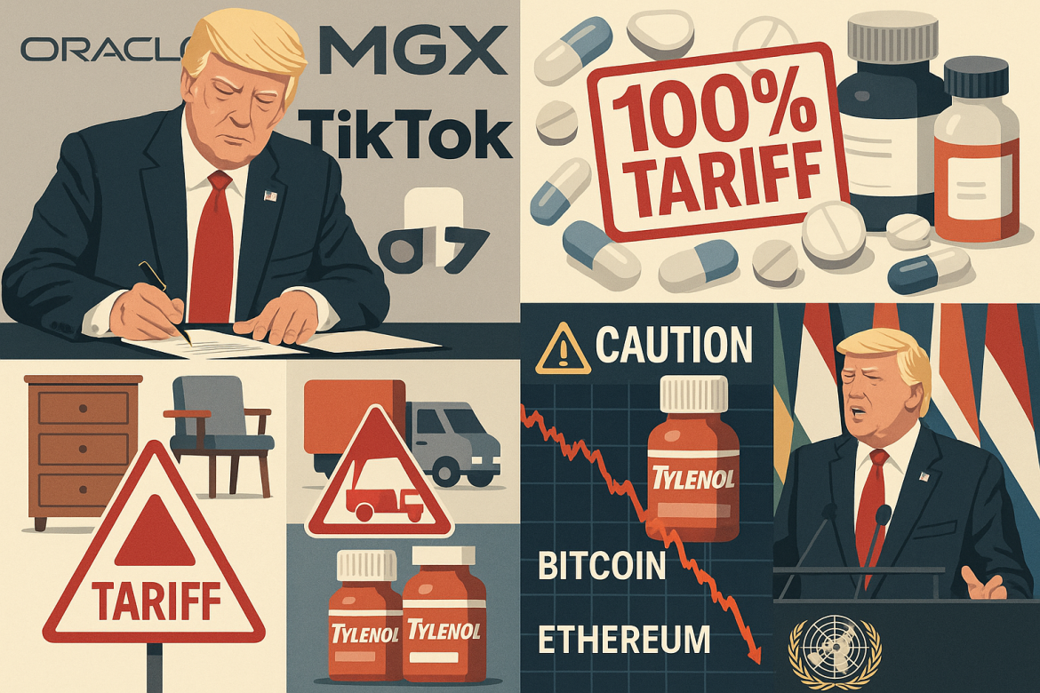 This week was marked by sweeping moves from the White House, sharp turbulence in cryptocurrency markets, and a controversial shift in US health policy. Here’s a breakdown of the key events that transpired in the week.Trump signs executive order on TikTok dealPresident Donald Trump signed an executive order approving a restructuring of <a href="https://invezz.com/news/2025/09/26/what-we-do-and-dont-know-about-the-us-tiktok-deal-with-china/">TikTok’s US operations</a>, valuing the business at around $14 billion. The deal satisfies national security requirements forcing ByteDance to divest its American unit or face a ban.Under the agreement, Oracle, Silver Lake, and Abu Dhabi’s MGX fund will control about 45% of the new entity, while ByteDance retains under 20%. Existing investors and new holders will account for another 35%. Oracle will manage security operations and continue cloud services.Notably, no ByteDance representatives were present at the signing, and China has yet to formally approve the deal. Analysts have previously estimated TikTok’s US arm could be worth $30–35 billion, highlighting a wide gap in valuations.US tariffs on pharmaceuticals, furniture, and trucksIn a separate announcement, Trump unveiled sweeping tariffs effective October 1, 2025. The most disruptive measure is a <a href="https://invezz.com/news/2025/09/26/trump-slaps-100-tariffs-on-patented-drugs-india-china-pharma-sector-brace/">100% tariff on branded and patented pharmaceutical imports</a>, a move aimed at forcing drugmakers to build plants in the US.The announcement triggered immediate selloffs in Asian and European pharma stocks, with India—responsible for about 40% of US pharma imports—seen as most exposed. Analysts warn of potential supply chain disruptions and higher US drug costs.Other industries were also targeted: <a href="https://invezz.com/news/2025/09/26/us-latest-tariffs-explained-what-trump-move-means-for-kitchens-medicines-trucks/">50% tariffs on kitchen cabinets and vanities, 30% on upholstered furniture, and 25% on heavy-duty trucks</a>. While intended to boost domestic manufacturing, the tariffs may raise consumer prices and pressure import-dependent sectors.Trump’s Tylenol remarksOn Monday, Trump linked autism to childhood vaccines and the use of Tylenol during pregnancy—claims rejected by leading medical bodies. The president, acknowledging he is not a doctor, advised pregnant women not to take Tylenol and parents to delay vaccinations.The remarks immediately hit financial markets: <a href="https://invezz.com/news/2025/09/22/kenvue-stock-sinks-to-record-low-as-trump-to-reportedly-link-tylenol-use-to-autism/">shares of Kenvue, Johnson & Johnson’s consumer-health spinoff, fell 7.1%</a> to a record low. Medical societies continue to cite data showing acetaminophen is safe during pregnancy, underscoring the gap between administration rhetoric and scientific consensus.Cryptocurrency market sees $1.5B liquidationCrypto markets endured a severe downturn on Monday, with more than <a href="https://invezz.com/news/2025/09/22/crypto-markets-crash-1-5b-liquidated-as-ethereum-bitcoin-lead-monday-selloff/">$1.5 billion in long positions liquidated</a> in just 24 hours. Ethereum plunged nearly 9% to $4,075 after close to half a billion dollars in leveraged bets were unwound. Bitcoin dropped 3% to around $111,998, while altcoins like Solana and XRP saw steeper losses.The mass liquidation dragged total crypto market capitalization below $4 trillion, erasing weeks of gains. Analysts cited high leverage, regulatory scrutiny of ETFs and stablecoins, and global macro uncertainty as key drivers of the selloff.On Saturday, the total crypto market capitalization was at $3.77 trillion. Major cryptocurrencies also continued to weaken with Bitcoin trading at $109,294, down by over 5% in the last 7 days and Ethereum at $4011.8, trading in red by more than 10% from the previous week. Nvidia commits $100B to OpenAI for AI data center expansionIn a major move within the technology and AI sector, Nvidia Corp. announced it will invest up to $100 billion in OpenAI to support the construction of new data centers and infrastructure capable of running large-scale artificial intelligence workloads. The announcement follows the signing of a letter of intent outlining a strategic partnership between the two companies.The investment will fund OpenAI’s development of data centers with a total capacity of 10 gigawatts, powered by Nvidia’s advanced AI chips, enabling the training and deployment of AI models at unprecedented scale. Nvidia and OpenAI said the first gigawatt of systems will be deployed in the second half of 2026 on the Nvidia Vera Rubin platform.Analysts note that the partnership could bolster Nvidia’s position in the AI hardware market while accelerating OpenAI’s model deployment capabilities, highlighting investor enthusiasm for large-scale AI infrastructure investments.Trump attacks the UN in General Assembly speechIn his address to the United Nations, <a href="https://invezz.com/news/2025/09/23/trump-attacks-the-un-over-migration-wars-and-funding-issues-in-fiery-speech/">Trump accused the body of failing to support US foreign policy and wasting resources on migration</a>. He criticized the UN as offering “nothing but empty words” and claimed it was financing illegal migration rather than curbing it.The president also stressed domestic achievements, citing lower inflation and wage growth, while framing his protectionist trade stance as essential to safeguarding US industry.The post <a href="https://invezz.com/news/2025/09/27/weekly-wrap-tiktok-deal-pharma-tariffs-crypto-crash-and-nvidia-openai-deal/">Weekly wrap: TikTok deal, pharma tariffs, crypto crash and Nvidia OpenAI deal</a> appeared first on <a href="https://invezz.com/">Invezz</a> Weekly wrap: TikTok deal, pharma tariffs, crypto crash and Nvidia OpenAI deal