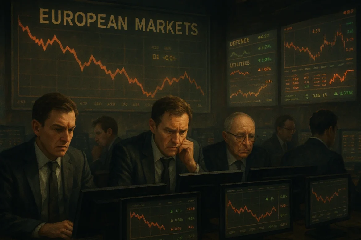 Europe markets opened lower on Wednesday as weak economic data and cautious comments from US Federal Reserve Chair Jerome Powell dragged sentiment, extending overnight losses from Wall Street and <a href="https://invezz.com/news/2025/09/24/asian-markets-open-in-red-nikkei-225-kospi-100-slips-amid-wall-street-losses/">Asia</a>.The downtrend marked the middle of the week with markets showing little appetite for dip-buying despite selective sector gains.The FTSE 100 slipped 26 points to 9,197 in early trading, even as defence companies and utilities provided some support. The London benchmark had already closed slightly lower on Tuesday at 9,223.32, and futures signalled a 14-point drop ahead of the session.German and French indices were also in negative territory as regional investors digested a combination of economic figures and global central bank signals.FTSE pressured despite defence supportIn London, defence companies BAE Systems and Babcock gained ground, buoyed by US President Donald Trump’s support for Ukraine’s counter-offensive against Russia. The rise helped to cushion part of the decline, though bigger fallers such as Burberry, Barclays, Entain, and IMI weighed heavily.Other gainers included utilities, precious metals miners, and grocers, sectors that often attract flows during risk-off trading. Still, the broad picture remained one of weakness as European investors tracked global equity declines.Wider European markets mirror lossesThe pan-regional STOXX 600 futures slipped 0.4% to 5,470, while German DAX futures dropped 0.3% and FTSE futures were also down 0.3%. The retreat echoed the absence of strong buying support in US futures, which traded flat after Tuesday’s losses.European weakness reflected broader global caution. While Asia’s MSCI Pacific ex-Japan index lost 0.2% by midday, Europe carried forward the sentiment with sharper declines in individual sectors. Japan’s Nikkei also slipped 0.5% after a drop in manufacturing activity, while Australian shares fell nearly 1% after inflation accelerated.Data and auctions in focusGerman equities will be influenced later in the day by the Ifo business climate index for September, covering current conditions and expectations. Broader sentiment may also be shaped by upcoming debt sales, with Germany auctioning seven-year government bonds and the UK offering four-year debt.The day’s data from the US, including new home sales for August and the EIA’s weekly crude oil stocks, could also feed into market direction, though European indices remain primarily focused on domestic signals.Market backdrop shaped by policy signals<a href="https://invezz.com/news/2025/09/23/powell-highlights-risks-in-labor-market-and-inflation-as-fed-weighs-next-moves/">Powell’s restrained remarks</a> offered no strong indication of the Fed’s next steps on interest rates, leaving markets without clear direction. Investors in Europe reacted by pulling back from cyclical sectors and favouring defensive plays, underlining uncertainty as the final quarter approaches.Beyond Europe, New Zealand named Anna Breman as its first female central bank governor, a leadership shift watched by global investors though without direct impact on European markets. Meanwhile, media and political developments in the US, such as the reinstatement of talk show host Jimmy Kimmel, added noise but no significant influence on regional equities.The post <a href="https://invezz.com/news/2025/09/24/europe-markets-open-lower-as-ftse-100-slips-amid-weak-data-powells-remarks/">Europe markets open lower as FTSE 100 slips amid weak data, Powell’s remarks</a> appeared first on <a href="https://invezz.com/">Invezz</a> Europe markets open lower as FTSE 100 slips amid weak data, Powell’s remarks