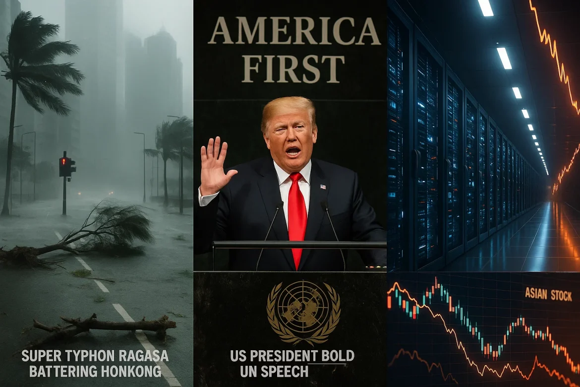 Super Typhoon Ragasa battered Hong Kong, forcing closures and chaos as winds topped 200 km/h, flooding streets and snapping trees.Meanwhile, US President Trump signaled a more self-focused diplomacy at the UN, tech giants launched a $500 billion AI push, and Asian markets opened sharply lower amid global economic jitters.<strong>A glance at major developments on Wednesday.</strong>Ragasa pounds Hong KongHong Kong was slammed by Super Typhoon Ragasa, and it hit hard.The city swiftly emptied as schools closed, flights got canceled, and people hurried to shelter.With winds gusting over 200 km/h, Ragasa didn’t hold back; trees snapped, roofs were blown off, and flooding trapped cars in neighborhoods that are all too familiar with storm chaos.Emergency teams were stretched thin handling calls and clearing fallen debris.Even now, as the typhoon moves away, the danger isn’t gone. The sea remains rough, and parts of the city face lingering flood risks.Residents say it’s a stark reminder that when typhoon season hits, life in this fast-moving city can turn upside down in minutes.It was less about spectacle and more about raw impact, a blunt lesson in why Hong Kong takes storms like Ragasa so seriously.Trump signals ‘America first’ diplomacyAt the United Nations on Tuesday, US President Donald Trump made it clear that the United States is stepping back from its old playbook of global teamwork.He pointedly emphasized putting America’s needs first, signaling a tougher stance on cooperation with the world.Trump took a critical tone toward international organizations and old alliances, saying the US won’t just automatically join in on every global effort anymore.This speech felt like a fresh start, one where American sovereignty and economic security take center stage, even if it means rattling some diplomatic cages.While the world listens closely, questions linger about how this will affect key global issues like climate change and trade.For now, it’s obvious Trump wants to press reset, making it clear the US is calling more of its own shots in foreign policy from here on out. <a href="https://invezz.com/news/2025/09/23/trump-attacks-the-un-over-migration-wars-and-funding-issues-in-fiery-speech/">Read full report here.</a>US tech giants join forces for $500 billion AI projectOpenAI, Oracle, and SoftBank are joining forces to build five new AI data centers across the United States as part of their ambitious $500 billion Stargate project.This venture aims to dramatically boost the computing power needed to fuel cutting-edge AI technologies like ChatGPT and autonomous vehicles.The data centers will be spread across Texas, New Mexico, Ohio, and another yet-to-be-announced Midwest location.The $500 billion investment marks one of the largest commitments to AI infrastructure to date, signaling a bold push to maintain US leadership in the fast-evolving AI race.Oracle’s cloud services will handle the backbone infrastructure, while SoftBank brings heavy financial muscle to speed up the buildout.Together, these centers are expected to create tens of thousands of jobs over the next several years, reshaping local economies and advancing AI research nationwide.Experts say the Stargate project sets a new standard for AI development, making powerful computing resources accessible to startups and innovators beyond the tech giants. <a href="https://invezz.com/news/2025/09/24/openai-oracle-softbank-partner-on-500b-ai-centers-why-it-changes-everything/">Read full report here.</a>Asian markets plunge at openAsian markets opened firmly in the red on Wednesday, weighed down by Wall Street’s overnight losses and ongoing concerns over inflation and central bank policies.Japan’s Nikkei 225 dropped nearly half a percent, dragged down by weakness in tech and export sectors, while South Korea’s Kospi 100 mirrored the downtrend amid subdued investor sentiment.Traders remain cautious ahead of key economic data releases and watchful of global growth worries, which continue to keep risk appetite in check.The mood across the region is defensive, with investors looking to gauge the impact of recent Federal Reserve signals and volatile commodity prices on market direction. <a href="https://invezz.com/news/2025/09/24/asian-markets-open-in-red-nikkei-225-kospi-100-slips-amid-wall-street-losses/">Read full report here.</a>The post <a href="https://invezz.com/news/2025/09/24/morning-brief-typhoon-ravages-hong-kong-trump-shifts-diplomacy-500b-ai-push/">Morning Brief: typhoon ravages Asia, Trump shifts diplomacy, $500B AI push</a> appeared first on <a href="https://invezz.com/">Invezz</a> Morning Brief: typhoon ravages Asia, Trump shifts diplomacy, $500B AI push