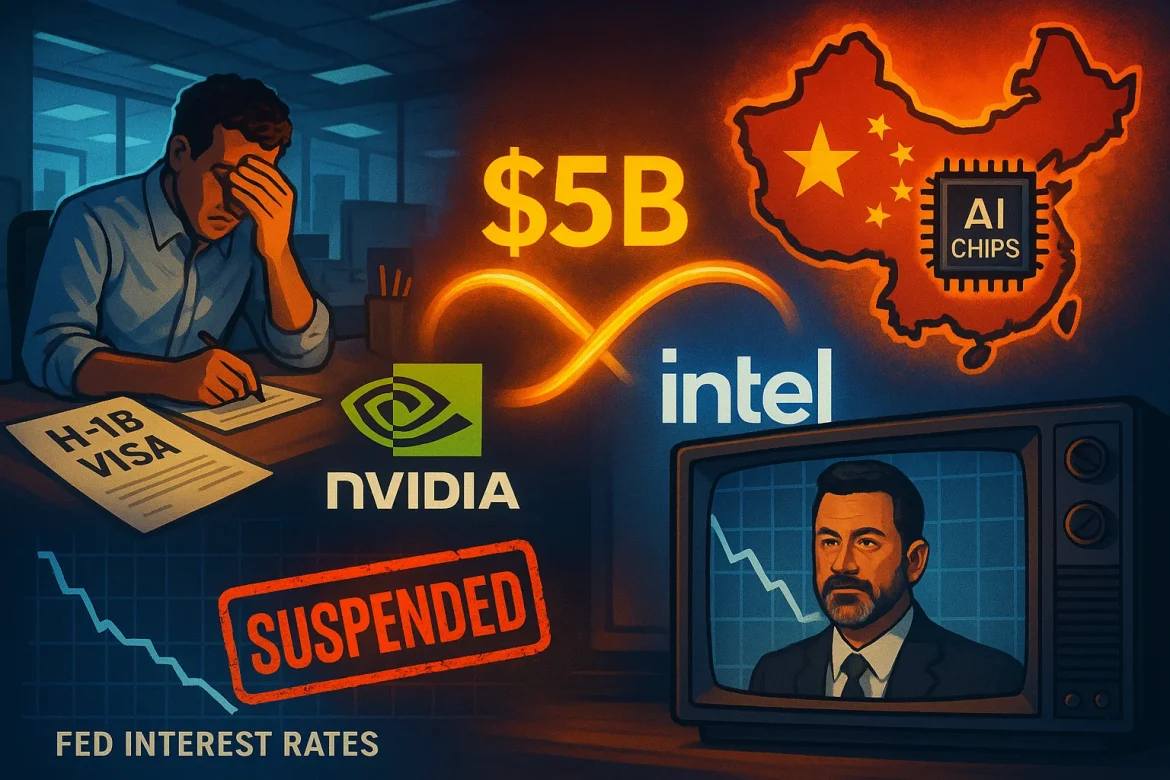This week’s top stories shake tech, media, and the economy. From Trump’s controversial $100K H-1B visa fee and Nvidia’s $5 billion Intel investment to China blocking Nvidia’s AI chips, the headlines are packed with high-stakes developments. In media, Jimmy Kimmel’s show faces suspension, while the Federal Reserve cuts rates amid a slowing economy.<strong>A glance at major news developments this week. </strong>$100K H-1B visa fee sparks uproarUS President Donald Trump’s latest move on H-1B visas has sent shockwaves through the tech world.Starting September 21, a whopping $100,000 fee will be slapped on companies sponsoring skilled foreign workers under this visa program.This sharp increase is designed to clamp down on what the administration calls “abuse” of the system.But it’s raising alarms among big tech firms like Amazon and Google, not to mention Indian IT giants who rely heavily on H-1B workers.Many worry this new fee could delay projects and upset families separated by immigration policies.Immigration lawyers are already gearing up to challenge the fee, calling it a costly barrier for hardworking immigrants. With the job market and innovation at stake, this bold policy shift is likely to spark heated debates ahead. <a href="https://invezz.com/news/2025/09/20/how-trumps-100k-visa-fees-will-impact-indians-who-hold-70-of-h1b-visas/">Read full report here.</a>Nvidia becomes major Intel backerThis week, Nvidia dropped a surprising $5 billion investment in Intel, shaking up the chip world.The deal, announced on September 18, is more than just cash; it’s a partnership where they’ll team up to develop new chips for PCs and data centers.Nvidia will buy Intel stock at about $23.28 a share, making it one of Intel’s biggest shareholders.The investment breathes fresh life into Intel, which has struggled recently despite government backing and other big investments.While Nvidia won’t be shifting its chip production to Intel just yet, the two tech giants plan to combine their strengths, Nvidia’s AI and graphics tech with Intel’s CPUs.This move could pose a challenge to other chipmakers like AMD and Taiwan’s TSMC.Nvidia’s CEO Jensen Huang is excited, saying this partnership sets the stage for the future of computing. Intel’s shares shot up about 29% after the news. <a href="https://invezz.com/news/2025/09/18/nvidia-stock-jumps-2-intel-stock-rockets-24-after-huge-5b-deal/">Read full report here.</a>China blocks Nvidia’s AI chipsChina has officially banned its top tech companies from buying Nvidia’s AI chips, marking a significant blow to the US chipmaker.The country’s internet regulator ordered firms like ByteDance and Alibaba to stop testing and purchasing a custom Nvidia chip designed specifically for the Chinese market.This move comes as China boosts its domestic chip production, aiming to lessen reliance on American technology.Nvidia CEO Jensen Huang expressed disappointment but said he understands the broader tensions between China and the US.He added that Nvidia will remain patient and supportive of both governments as they navigate these challenges.The ban follows earlier US export restrictions on Nvidia’s AI chips for China, creating a squeeze for the company from both sides.Despite this, observers say China’s growing confidence in homegrown AI chips, led by companies like Huawei and Cambricon, is driving the push. <a href="https://invezz.com/news/2025/09/17/china-bans-nvidia-ai-chips-in-escalating-tech-rivalry-heres-what-it-means/">Read full report here.</a>Kimmel show pulled amid controversyABC has suspended Jimmy Kimmel’s late-night show indefinitely following a backlash over his recent comments about the tragic shooting of conservative activist Charlie Kirk.Kimmel criticized Trump supporters, referring to them as the “MAGA gang,” which sparked fierce criticism from conservatives and drew attention from the Federal Communications Commission (FCC).FCC chairman Brendan Carr warned that ABC affiliates could face serious consequences, including losing broadcast licenses, if the network didn’t act.Under pressure from affiliates like Nexstar and Sinclair, which removed the show from their lineups, ABC and Disney decided to pull the show to avoid further backlash.While Kimmel’s contract runs through May 2026, the suspension puts his show’s future in question. The controversy highlights the fragile balance between free speech and political pressure in today’s media landscape.Kimmel has yet to respond publicly, but sources say Disney hopes to find a path to bring the show back. <a href="https://invezz.com/news/2025/09/18/disneys-abc-pulls-jimmy-kimmel-live-trump-calls-it-great-news-for-america/">Read full report here.</a>Fed cuts rates amid slowdownThe US Federal Reserve cut interest rates by 0.25 percentage points on September 17, marking its first rate cut in 2025.The new target range for the federal funds rate is now 4% to 4.25%. The move comes as the Fed grapples with a slowing labor market, where job gains have decelerated and unemployment edged up to 4.3%, though still low by historical standards.Inflation remains elevated, complicating the Fed’s delicate balancing act between controlling prices and supporting employment.Policymakers are cautious, signaling more rate cuts could come later this year if the economy continues to weaken. The decision reflects concerns that downside risks to employment have increased, even as inflationary pressures persist.Some Fed members preferred a larger cut, but the committee opted for a modest step to carefully weigh incoming economic data.The announcement sends a signal that the central bank is ready to ease policy to sustain growth without letting inflation run out of control. <a href="https://invezz.com/news/2025/09/17/us-fed-cuts-rate-by-25-basis-points-indicates-two-more-cuts-for-the-year/">Read full report here.</a>The post <a href="https://invezz.com/news/2025/09/20/weekly-wrap-trumps-100k-h-1b-visa-fee-nvidias-5-billion-bet-on-intel-kimmel-show-pulled-and-more/">Weekly wrap: Trump’s $100K H-1B visa fee, Nvidia’s $5 billion bet on Intel, Kimmel’s show pulled and more</a> appeared first on <a href="https://invezz.com/">Invezz</a> Weekly wrap: Trump’s $100K H-1B visa fee, Nvidia’s $5 billion bet on Intel, Kimmel’s show pulled and more