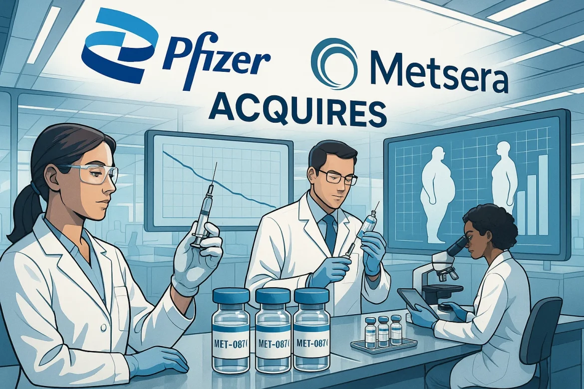 Pfizer is making a bold move in the pharmaceutical world by closing in on a $7.3 billion deal to acquire Metsera, a biotech firm focused on next-generation anti-obesity drugs, news platform <a href="https://www.ft.com/content/aee4a71c-7ad6-4cde-852f-720a97542fac?utm_source=chatgpt.com"><em>Financial Times</em></a> reported on Monday.This acquisition underlines Pfizer’s fresh push into the booming weight-loss drug market, an area showing rapid growth as obesity rates climb worldwide.After facing challenges with its own weight loss drug programs, Pfizer sees this as a strategic way to strengthen its portfolio and join the race against established leaders in obesity treatments.Pfizer eyes Metsera obesity breakthroughThe deal offers Metsera shareholders $47.50 per share in cash, with an additional $22.50 per share payable if certain performance targets are hit.This premium of about 42% over Metsera’s recent share price reflects Pfizer’s eagerness to secure the promising biotech.Metsera, based in New York and founded in 2022, has been developing innovative obesity treatments primarily through GLP-1 receptor agonists.Its standout drug candidate, MET-097i, is designed to be injected once a month and has shown an average weight loss of 11.3% in mid-stage clinical trials, a major convenience leap compared to the weekly injections offered by Pfizer’s competitors.Pfizer’s acquisition would be a sharp turnaround after it halted its own oral GLP-1 drug development earlier this year due to safety issues.The deal, expected to be announced soon pending final talks, gives Pfizer access to Metsera’s pipeline, which includes potential combination therapies, positioning the company well in the obesity treatment space.This payment structure, blending cash upfront with milestone incentives, aligns costs with drug development success, lowering some risk for Pfizer while aiming for high rewards.Obesity drug race heats upPfizer’s move is a clear sign of how hot the obesity drug market has become, dominated until now by giants like Novo Nordisk and Eli Lilly.These firms have scored major wins with GLP-1 therapies enabling significant weight loss, but Pfizer sees an opportunity with Metsera’s once-monthly dosing, which could attract patients looking for easier treatment options and improve drug adherence.This deal highlights the trend of big pharma companies aggressively buying into promising biotech startups to keep pace with innovation rather than relying solely on internal development.The acquisition also raises the stakes, as the anti-obesity market is forecasted to explode to nearly $100 billion by 2030, driven by demand for more effective, patient-friendly treatments.While milestone-based payments introduce risk if Metsera’s drugs fall short in trials, Pfizer’s bet signals confidence in this expanding field.The acquisition is poised to intensify competition and could spark more deals and technological advances, as companies race to capture a share of the lucrative, fast-evolving obesity drug market.Ultimately, Pfizer’s bold purchase aims to place it among the leaders challenging the current duopoly and addressing a critical global health issue.The post <a href="https://invezz.com/news/2025/09/22/pfizer-close-to-acquiring-metsera-for-7-3b-targeting-breakthrough-obesity-drug/">Pfizer close to acquiring Metsera for $7.3B, targeting breakthrough obesity drug</a> appeared first on <a href="https://invezz.com/">Invezz</a> Pfizer close to acquiring Metsera for $7.3B, targeting breakthrough obesity drug
