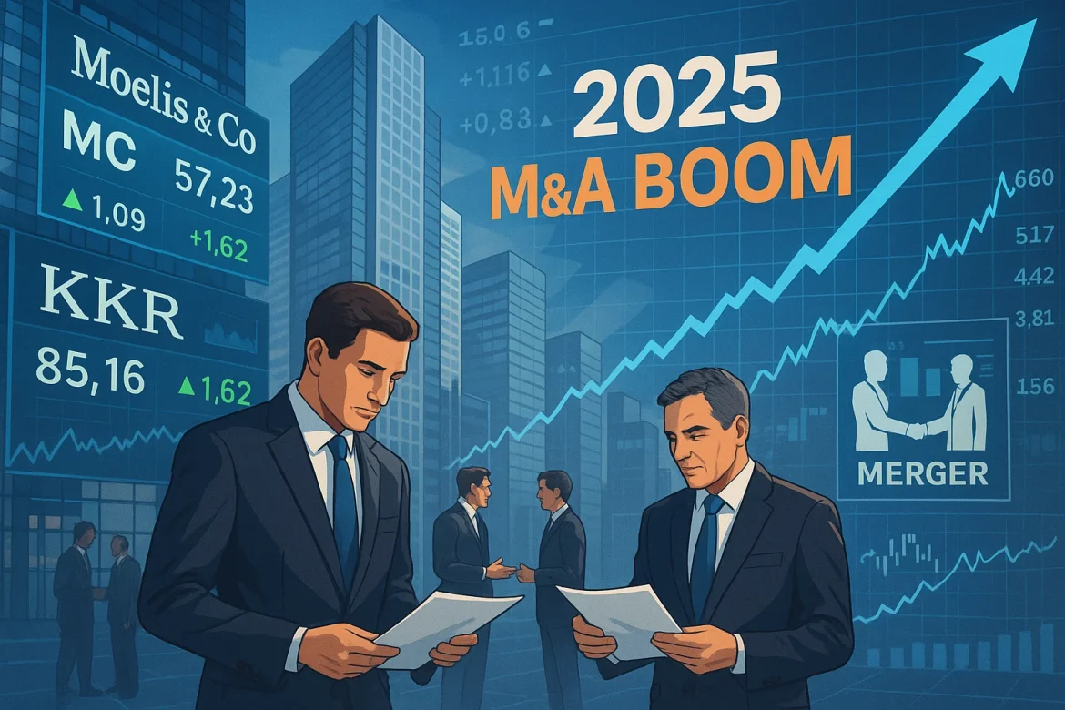 After a sluggish stretch in 2022 and 2023, mergers and acquisitions are roaring back to life in 2025.Rising CEO confidence, stabilising interest rates, and pent-up strategic demand are fueling a new wave of dealmaking across sectors – from industrials to tech to healthcare.Private equity companies are sitting on record dry powder, and corporates are increasingly looking to consolidate, divest, or expand into new verticals. Investment banks are staffing up, and advisory pipelines are swelling.With the macro backdrop turning more favourable as well, 2025 could be a breakout year for M&A activity.That said, here are two US stocks that stand out as prime vehicles for investors looking to ride the next wave of dealmaking momentum.Moelis & Co (NYSE: MC) – a pure-play M&A engineMoelis is one of the few publicly traded investment banks that offer direct exposure to advisory-driven M&A cycles without the baggage of trading desks or lending operations.As David Bahnsen of Bahnsen Group recently noted, “It’s a pure services business with investment banking, mergers and acquisitions, and yet they have no debt.”That clean balance sheet gives Moelis the flexibility to scale and reward shareholders even in volatile markets. The firm has been aggressively hiring senior bankers, signalling confidence in a robust deal pipeline ahead.Its fee-based model thrives when transaction volumes rise, and with global M&A rebounding, MC stock is well-positioned to capture advisory mandates across sectors.Investors looking for a high-beta play on dealmaking – with minimal credit risk – should keep Moelis on their radar. It’s lean, focused, and built for the kind of environment 2025 is shaping up to be.While Wall Street currently has a consensus “hold” rating on Moelis stock, the price targets go as high as $90, indicating potential “upside” of more than 20% from here. Plus, a rather healthy 3.6% dividend yield makes MC all the more attractive as a long-term holding.KKR & Co Inc (NYSE: KKR) – private equity powerhouseWhile Moelis thrives on advising deals, KKR is built to execute them. As one of the world’s largest alternative asset managers, it has deep roots in private equity, infrastructure, and credit.With over $500 billion in assets under management and access to global capital, KKR is a direct beneficiary of rising M&A activity – especially as corporates look to divest non-core assets and PE firms return to leveraged buyouts.The ability to structure complex transactions, deploy capital across cycles, and monetise portfolio companies makes KKR stock a strategic winner in a deal-heavy environment. Moreover, the firm’s <a href="https://www.ainvest.com/news/kkr-strategic-expansion-japan-insurance-market-capitalizing-long-term-creation-operational-integration-market-diversification-2509/">expansion into insurance</a> and real estate adds diversification and fee stability.For investors seeking exposure to the engine room of M&A – not just the advisory layer – KKR shares offer scale, sophistication, and upside as the 2025 deal wave builds. That’s part of the reason why Wall Street currently has a consensus “overweight” rating on KKR with a mean target of nearly $166, indicating potential “upside” of roughly 23% from here.The post <a href="https://invezz.com/news/2025/09/30/two-must-own-us-stocks-to-bet-on-continued-ma-boom-in-2025/">Two must-own US stocks to bet on continued M&A boom in 2025</a> appeared first on <a href="https://invezz.com/">Invezz</a> Two must-own US stocks to bet on continued M&A boom in 2025