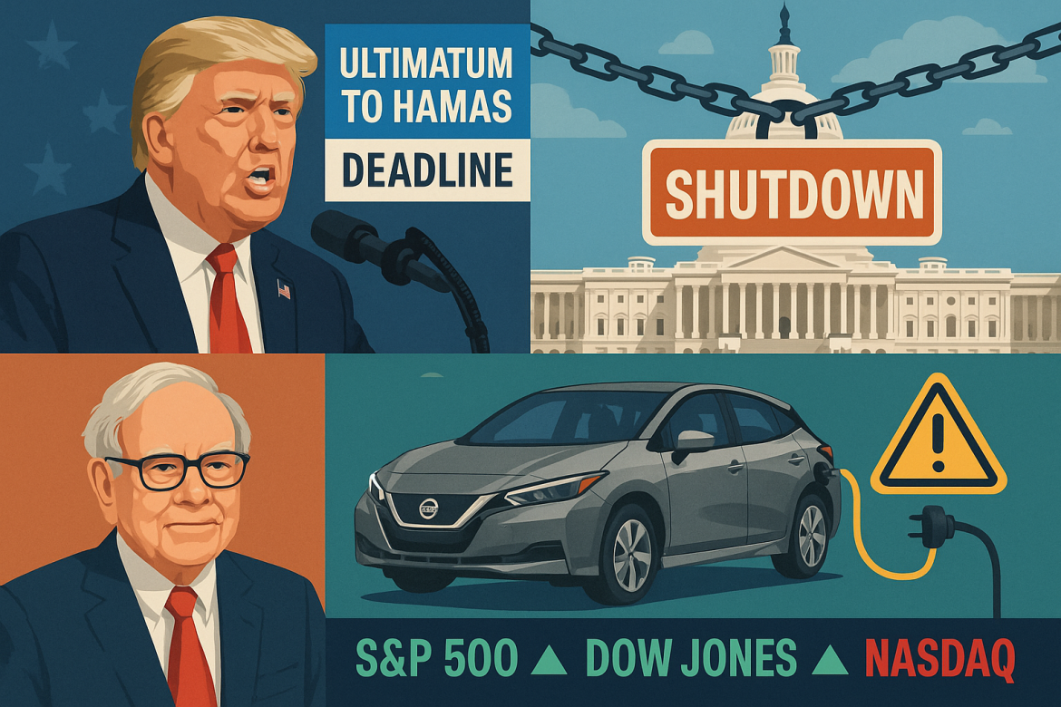 The United States closed the week with a mix of geopolitical tension, domestic political gridlock, and significant corporate developments. President Donald Trump issued a deadline for Hamas to accept a peace proposal, while Washington’s budget impasse extended the government shutdown. Meanwhile, Berkshire Hathaway restructured its leadership, Nissan announced a major recall, and the Federal Reserve flagged slowing growth.Trump sets deadline for Hamas to accept Gaza peace plan<a href="https://invezz.com/news/2025/10/03/trump-sets-deadline-for-hamas-to-accept-gaza-peace-plan-warns-of-consequences/">President Donald Trump has given Hamas until Sunday evening to accept his 20-point proposal</a> to end the war in Gaza. The plan, developed with Israeli Prime Minister Benjamin Netanyahu, requires Hamas to release all hostages and excludes the group from any governing role in Gaza. In exchange, Israel would release nearly 2,000 prisoners and pledge not to occupy or annex the territory.Trump warned that if Hamas fails to comply, “all hell” will break out against the group. Netanyahu has signed the agreement, and Trump claims support from regional allies. Hamas, however, has yet to issue a formal response, saying it is still consulting with partners in Qatar, Egypt, and Turkey. The Israel Defense Forces (IDF) accused Hamas of blocking civilian evacuations, while reports suggest nearly 870,000 residents have already left Gaza City amid continued fighting.US government shutdown stretches onThe federal government shutdown will continue into next week after the Senate rejected both Democratic and Republican funding bills. The GOP-backed version failed in a 44-54 vote, while the Democratic measure was voted down 46-52, short of the 60-vote threshold.Republicans insist no deal can be reached while the government remains shut, whereas Democrats are demanding progress on insurance subsidies as part of reopening negotiations. The impasse adds further strain to public services and raises questions about near-term economic resilience.Trump to be in 250th anniversary coinUS Treasurer Brandon Beach confirmed that new one-dollar coins featuring President Trump will be issued to mark America’s 250th anniversary in 2026.Draft designs depict Trump’s portrait alongside the phrase “In God We Trust, 1776–2026,” with the reverse showing Trump raising his fist with the American flag and the words “FIGHT, FIGHT, FIGHT.” Beach stressed the authenticity of the designs and said more details would be shared once the government shutdown ends.Berkshire Hathaway splits Chairman and CEO rolesBerkshire Hathaway announced that its Board of Directors has formally separated the roles of chairman and CEO. The decision, effective immediately, follows a September 30 board vote.Warren Buffett will remain chairman, while Greg Abel, currently vice-chairman of non-insurance operations, will assume the CEO role beginning January 1, 2026. The move marks a significant leadership transition for the conglomerate while maintaining Buffett’s influence as board chair.Fed flags economic slowdownUS Federal Reserve Vice Chair Philip Jefferson reported a slowdown in economic growth during the first half of 2025, with GDP expanding at 1.6%, down from 2.4% in 2024. Jefferson attributed the decline to weaker consumer spending and warned of inflationary pressures from higher tariffs.He noted that employment growth has slowed due to softening labor demand and weaker labor supply. While acknowledging “especially high” uncertainty in the outlook, Jefferson said clarity may improve as White House policies are finalized.Nissan recalls nearly 20,000 EVsNissan North America is recalling 19,077 electric vehicles in the US due to a battery charging defect. The issue, linked to lithium-ion battery overheating during Level 3 charging, poses a fire risk.The recall affects certain 2021-2022 LEAF models with a quick charging port. Dealers will update the battery software free of charge, and owners have been advised not to use Level 3 charging until repairs are made.US stock markets end mixedThe S&P 500 retreated slightly from record highs but remained on track for weekly gains. The broad index rose 0.01%, the Dow Jones Industrial Average climbed 0.51%, the Nasdaq Composite fell 0.28%, and the Russell 2000 increased 0.85%. Declines in major tech stocks like Palantir which fell 7%, Tesla which declined 1.4%, and Nvidia, down almost 1% weighed on afternoon trading. The CBOE Volatility Index spiked, reflecting heightened investor caution, though weekly performance remains positive.The post <a href="https://invezz.com/news/2025/10/03/us-digest-trumps-hamas-ultimatum-government-shutdown-stalemate/">US digest: Trump’s Hamas ultimatum, government shutdown stalemate continues</a> appeared first on <a href="https://invezz.com/">Invezz</a> US digest: Trump’s Hamas ultimatum, government shutdown stalemate continues
