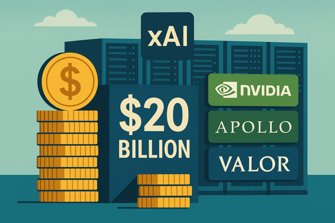 Elon Musk’s artificial intelligence company xAI is scaling up its ambitions with a massive $20 billion funding round, backed by Nvidia, Apollo Global Management, and Valor Capital, Bloomberg reported.The financing marks one of the largest in the AI industry this year, combining equity and debt to accelerate xAI’s Colossus 2 data centre project in Memphis. The new capital is set to finance Nvidia processors through a unique leasing model.Nvidia’s $2 billion investment deepens its AI dominanceAccording to the <a href="https://www.bloomberg.com/news/articles/2025-10-07/musk-s-xai-nears-20-billion-capital-raise-tied-to-nvidia-chips?srnd=phx-technology">report</a>, Nvidia is contributing as much as $2 billion to the equity portion of xAI’s latest fundraising, solidifying its role at the centre of the global AI ecosystemThe financing, reportedly structured through a special purpose vehicle (SPV), will see the purchase of Nvidia’s graphics processing units (GPUs), which will then be leased to xAI for five years.This model provides a capital-efficient path for the company while allowing investors to recoup funds through the leased assets rather than the startup itself.The financing structure includes approximately $7.5 billion of equity and up to $12.5 billion of debt, as per the report.Apollo Global Management and Diameter Capital Partners are participating in the debt portion, while Valor Capital leads the equity round, the report added.The approach mirrors a growing trend among technology firms using asset-backed financing to build large-scale AI infrastructure amid rising borrowing costs.Data centres at the heart of AI’s trillion-dollar raceThe Colossus 2 facility, located in Memphis, represents xAI’s largest data centre project yet and a cornerstone of its efforts to train advanced AI models.Data centres have become the backbone of artificial intelligence development, prompting tech giants and investors alike to pour billions into new facilities.In the US bond markets alone, technology companies have raised about $157 billion this year, marking a 70% jump from the previous year.Meta Platforms recently raised $29 billion for its own data centre expansion, while Oracle secured $38 billion in debt for infrastructure projects.OpenAI also signed a multi-year deal to source chips from Advanced Micro Devices, underlining the intense competition for computing power.Nvidia’s strategy aligns with its broader goal of speeding up AI adoption across industries. The company has signalled plans to use its strong balance sheet to repurchase stock, acquire strategic assets, and help clients implement AI capabilities faster.Its involvement in xAI underscores a deeper integration between chipmakers and AI developers as both push to meet growing demand for computational capacity.Musk leverages his corporate network to sustain growthxAI’s appetite for capital reflects Musk’s broader vision to embed AI into his technology portfolio, spanning self-driving cars, robotics, and automation, according to Bloomberg.The firm has already raised about $10 billion earlier this year, but continues to seek additional financing amid heavy infrastructure spending.Reports indicate that xAI has been burning close to $1 billion each month, fuelling speculation about the sustainability of its rapid growth model.Bloomberg also reported that Musk has drawn on his wider corporate network for support. SpaceX has invested in xAI, and later this year, Tesla shareholders are expected to vote on whether the electric carmaker should allocate funds to the AI company.Musk has positioned artificial intelligence as a key enabler of his future products, from fully autonomous vehicles to humanoid robots.The post <a href="https://invezz.com/news/2025/10/08/elon-musks-xai-secures-20b-boost-as-nvidia-apollo-and-valor-back-data-centre-expansion/">Elon Musk’s xAI secures $20B boost as Nvidia, Apollo, and Valor back data centre expansion</a> appeared first on <a href="https://invezz.com/">Invezz</a> Elon Musk’s xAI secures $20B boost as Nvidia, Apollo, and Valor back data centre expansion