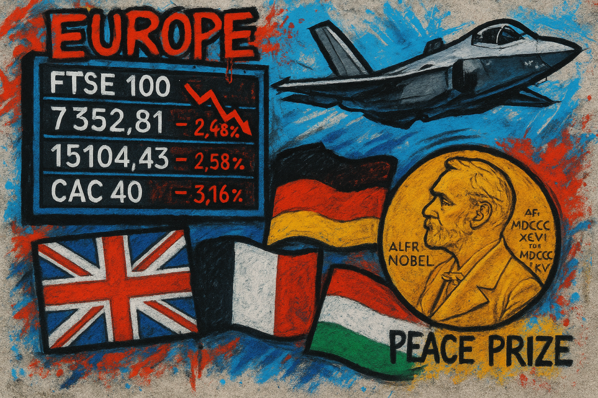 European equities fell sharply on Friday as renewed US-China tensions rattled investors, while Venezuela’s María Corina Machado won the 2025 Nobel Peace Prize, and former UK Prime Minister Rishi Sunak made new inroads into the tech world with advisory roles at Microsoft and Anthropic.European stocks tumble as Trump threatens new China tariffsMajor European stock indices closed lower on Friday after US President Donald Trump threatened to impose “massive” tariffs on China, raising fears of a renewed trade conflict between Washington and Beijing. The warning appeared to end the fragile trade truce that had held in recent months.Germany’s DAX dropped 1.7%, weighed down by a nearly 5% slump in Brenntag. France’s CAC 40 retreated 1.56%, with Stellantis plunging 7.29%, while the Euro Stoxx 50 fell 1.8%, dragged by a 4.22% decline in ASML. Meanwhile, the FTSE 100 in London lost 0.92%, led lower by Entain’s 3.96% drop.On the currency front, the euro gained 0.5% against the US dollar, while the British pound rose 0.32%.Denmark to expand F-35 fleet amid rising security concernsDanish Defense Minister Troels Lund Poulsen announced plans to purchase 16 additional F-35 fighter jets, costing around 29 billion Danish kroner ($4.5 billion), bringing Denmark’s total fleet to 43 jets.Poulsen also revealed a 27.4 billion kroner ($4.25 billion) agreement focused on defense in the Arctic and North Atlantic, underscoring the government’s view that Europe faces a “difficult time.”He stressed the need for Denmark to invest further in drone technology as part of its broader defense modernization push.UK, France, and Germany reaffirm stance on Iran and RussiaIn a joint statement, UK Prime Minister Keir Starmer, French President Emmanuel Macron, and German Chancellor Friedrich Merz reaffirmed their unified position on Iran’s nuclear ambitions and Russia’s war in Ukraine.The leaders backed the UN snapback mechanism to counter Iran’s nuclear activities and emphasized their determination to restart negotiations with both Tehran and Washington.On Ukraine, the trio condemned Moscow’s renewed winter attacks on civilian infrastructure and pledged to channel proceeds from frozen Russian assets toward Kyiv’s defense. They also signaled readiness to target Russia’s “shadow fleet” in upcoming sanctions.Venezuela’s María Corina Machado wins 2025 Nobel Peace PrizeVenezuelan opposition leader <a href="https://invezz.com/news/2025/10/10/maria-corina-machado-wins-the-nobel-peace-prize/">María Corina Machado was awarded the 2025 Nobel Peace Prize</a> for her “tireless work promoting democratic rights” and advocating nonviolent resistance against the regime of President Nicolás Maduro.The recognition sparked a global response — and controversy — as US President Donald Trump, who had openly lobbied for the award, missed out. Trump’s allies had publicly campaigned for his nomination, citing his role in brokering a peace deal between Israel and Hamas.In her first remarks, Machado thanked President Trump and the United States for supporting Venezuela’s democracy movement. Analysts said the award could increase international pressure on Caracas but warned that it may also heighten domestic tensions.Rishi Sunak takes advisory roles at Microsoft and AnthropicFormer UK Prime Minister <a href="https://invezz.com/news/2025/10/10/rishi-sunak-joins-microsoft-and-anthropic-former-uk-pm-enters-tech-ai-arena/">Rishi Sunak has joined Microsoft and AI startup Anthropic </a>as a senior adviser, marking a shift from frontline politics to the global technology sector.Sunak, who remains a Member of Parliament, will advise Microsoft on innovation, regulation, and digital transformation, and collaborate with Anthropic on global AI strategy.Both companies are expanding their presence in the UK tech landscape — Microsoft has pledged £22 billion for AI infrastructure, while Anthropic works with the government on public sector AI projects.Sunak’s appointments were approved by the Advisory Committee on Business Appointments (ACOBA), with restrictions preventing him from lobbying or advising on UK-specific policy for two years. He has pledged to donate his earnings to The Richmond Project, a charity he co-founded to promote numeracy skills.The post <a href="https://invezz.com/news/2025/10/10/europe-bulletin-markets-slide-on-tariff-fears-machado-wins-nobel-peace-prize/">Europe bulletin: markets slide on tariff fears, Machado wins Nobel Peace Prize</a> appeared first on <a href="https://invezz.com/">Invezz</a> Europe bulletin: markets slide on tariff fears, Machado wins Nobel Peace Prize