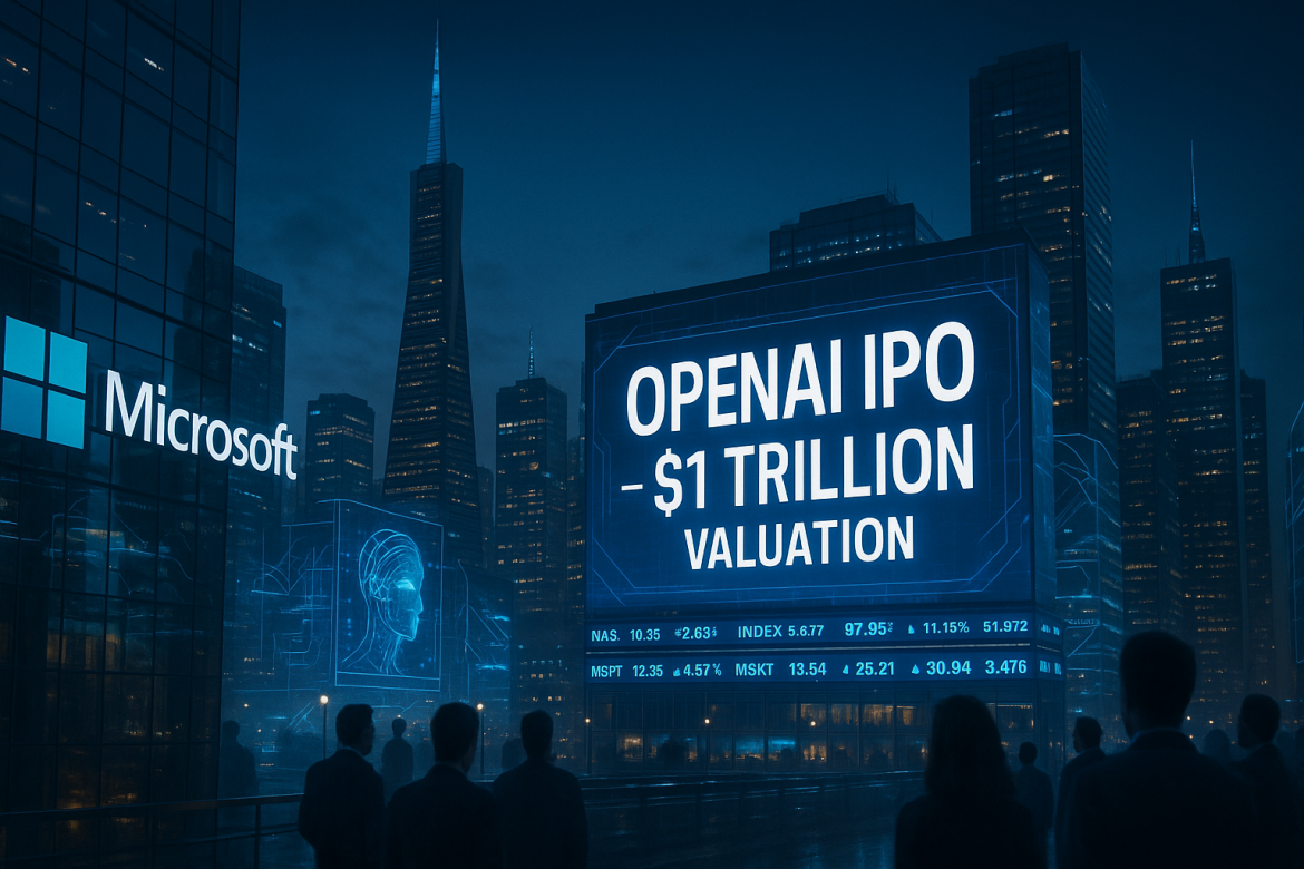 OpenAI is laying the groundwork for a potential initial public offering that could value the company at around $1 trillion, according to recent reports from <a href="https://www.reuters.com/business/openai-lays-groundwork-juggernaut-ipo-up-1-trillion-valuation-2025-10-29/">Reuters</a>.The ChatGPT maker is considering filing with securities regulators as soon as the second half of 2026, with a possible listing in 2027, and has discussed raising at least $60 billion in what would rank among the largest public offerings in tech history.This follows OpenAI’s recent corporate restructuring, in which the company transformed into a public benefit corporation while finalizing a new agreement with Microsoft, its largest investor.OpenAI IPO: A trillion-dollar question for MicrosoftFor Microsoft, the stakes couldn’t be higher.Following OpenAI’s recent restructuring, the tech giant now holds a 27% stake in OpenAI Group PBC, valued at roughly $135 billion, down from an earlier 32.5% before new funding rounds diluted its position.Since first investing in 2019, Microsoft has poured more than $13 billion into OpenAI, weaving its GPT technology throughout its ecosystem, from Office 365 and Windows to its Azure cloud platform.A public listing could dramatically reshape the value of that investment.At a $1 trillion OpenAI valuation, Microsoft’s stake would be worth about $270 billion on paper, nearly double its current book value.That would mark one of the most lucrative corporate venture bets ever made, eclipsing even Google’s early acquisition of YouTube or Facebook’s purchase of Instagram.But alongside the upside come new risks.Microsoft currently enjoys exclusive rights to OpenAI’s intellectual property until 2032, along with a revenue-sharing agreement that gives it around 20% of OpenAI’s top line until the company reaches what it calls artificial general intelligence.That arrangement, however, may not last.OpenAI has already indicated plans to reduce partner revenue shares from just under 20% today to about 8% by 2030, a move that could keep an extra $50 billion in OpenAI’s own coffers while limiting Microsoft’s future returns.And once OpenAI goes public, those tensions could sharpen.A new base of shareholders, focused on profitability and independence, would likely pressure the company to renegotiate its long-term agreements, or even to forge fresh partnerships with other cloud players like Google or Amazon.For Microsoft, that would mean navigating a more crowded, more competitive AI landscape, one where its biggest investment could also become its biggest rival.How a public OpenAI could reshape the AI marketIf OpenAI were to list publicly at a $1 trillion valuation, it would instantly join the world’s most exclusive corporate club, rubbing shoulders with giants like Nvidia, Microsoft, Apple, Alphabet, Amazon, and Meta.That would make it not just a headline-grabber, but one of the ten most valuable companies on the planet.For perspective, recent secondary-market trades have pegged OpenAI’s value at roughly $500 billion, already enough to crown it the most valuable venture-backed startup in history.A move to public markets could double that figure, and in doing so, send ripples across the entire AI sector.Such a debut would almost certainly spark a wave of follow-on listings.Rivals like Anthropic, xAI, and Cohere are already drawing intense investor attention. Anthropic, the maker of Claude, recently raised $13 billion at a $183 billion valuation.If OpenAI goes first and succeeds, its share sale could set the benchmark for how the public markets value generative AI firms, determining both investor appetite and how far the current AI boom can really run.The post <a href="https://invezz.com/news/2025/10/30/what-would-a-1t-openai-ipo-mean-for-microsoft-investors-and-the-ai-market/">What would a $1T OpenAI IPO mean for Microsoft, investors and the AI market</a> appeared first on <a href="https://invezz.com/">Invezz</a> What would a $1T OpenAI IPO mean for Microsoft, investors and the AI market