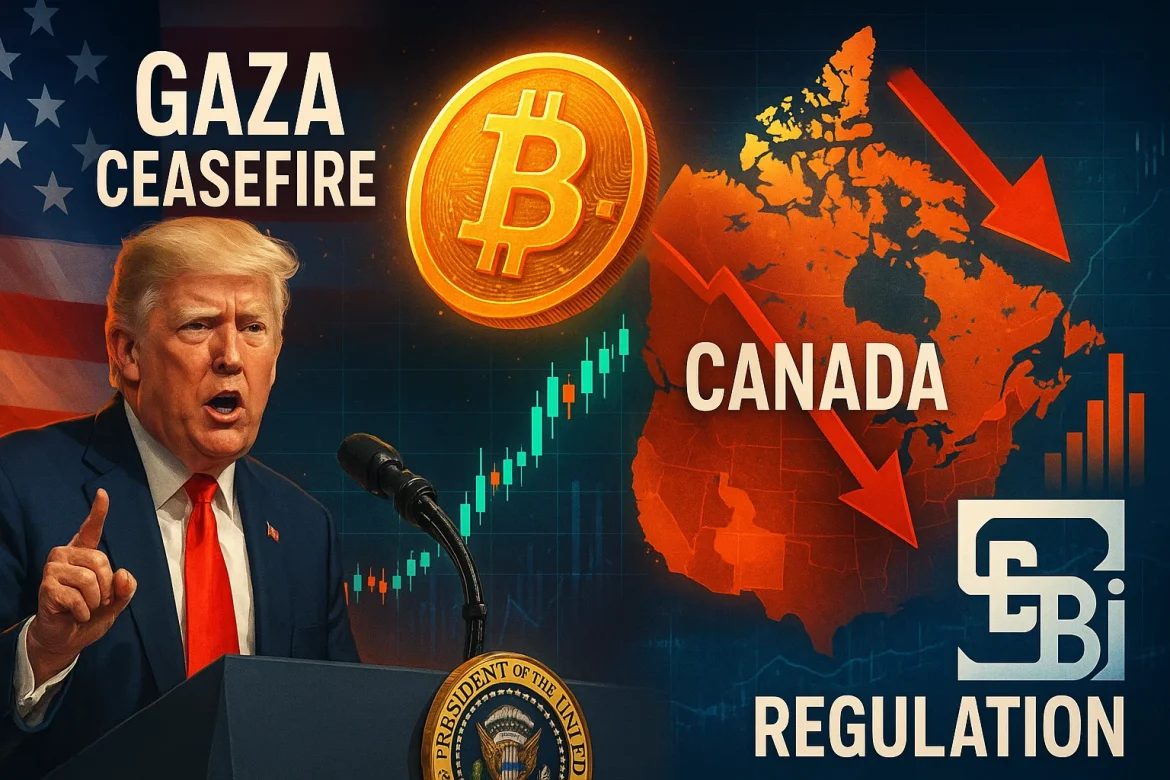 This Friday, global and domestic headlines make for a volatile mix. Trump sets a hard deadline for a Gaza ceasefire, while SEBI clarifies it won’t regulate family offices.Canada’s economy shows signs of slowdown, and Bitcoin rallies past $120,000 amid the US government shutdown. From geopolitics to markets, here’s what you need to know.<strong>A glance at major developments on Friday.</strong>Trump sets hard deadline for Hamas ceasefire<a href="https://invezz.com/news/2025/10/03/trump-sets-deadline-for-hamas-to-accept-gaza-peace-plan-warns-of-consequences/">US President Donald Trump has given Hamas a hard deadline</a>: Sunday at 6 PM Washington time to say yes to his 20-point ceasefire plan for Gaza.And he’s not mincing words as he warned that if they refuse, “all hell, like no one has ever seen before,” could break loose.The plan, which Israel’s Prime Minister Benjamin Netanyahu is on board with, calls for a bunch of big moves: an immediate ceasefire, releasing Israeli hostages, a phased pullback of Israeli troops, Hamas giving up its weapons, and a transitional government overseen by an international body led by Trump.Hamas is apparently looking it over but hasn’t said yes or no, yet. Trump also told Palestinians in Gaza to try to find safer areas, just in case the deal falls through.This deadline comes after almost two years of brutal fighting that’s killed more than 66,000 Palestinians. Trump is framing this as a “last chance” for peace in the Middle East, one way or another.SEBI rules out regulating family officesIndia’s market regulator, SEBI, has made it clear: it’s not planning to regulate family offices, despite what some recent media reports have suggested.Multiple sources confirmed that SEBI has no intentions of bringing these private investment setups, which manage wealth for ultra-rich families, under formal oversight.There have been talks about improving transparency, like asking family offices to disclose their assets, entities, and investments.But for now, nothing has been finalized, and there’s no regulatory framework in the works.SEBI says the aim is simply to make markets more transparent and manage risks from big family-run investment vehicles, not to impose full-blown regulations.Canada’s economy faces a broad slowdown<a href="https://invezz.com/news/2025/10/03/canadas-services-economy-contracts-sharply-in-september-as-jobs-decline/">Canada’s services sector took a hit in September,</a> shrinking more than expected.The Business Activity Index fell to 46.3 from 48.6 in August, its lowest point since June, and marked the sector’s tenth straight month of decline.Jobs weren’t safe either: the employment index dropped to 48.9, showing that layoffs have returned.Meanwhile, outstanding work slipped to its lowest level since June 2020, hinting that companies have more capacity than they can fill.And it’s not just services: the manufacturing sector is contracting too, painting a picture of broader economic weakness. Global trade tensions, including a US-led trade war, are also weighing on Canadian exports.Despite the challenges, there’s a silver lining: businesses are feeling a bit more optimistic about the year ahead, with the forward-looking activity index hitting an 11-month high.The Bank of Canada has already cut interest rates to 2.50% to try and give the economy a boost during this slow patch.US government shutdown ignites Bitcoin rally<a href="https://invezz.com/news/2025/10/03/what-does-the-macro-outlook-for-bitcoin-look-like/">Bitcoin has shot up past $120,000</a>, hitting its highest level in over two months, and the US government shutdown is playing a big role.With key economic data, like the nonfarm payrolls report, on hold, the Federal Reserve is expected to be somewhat “in the dark,” which could make rate cuts more likely.It’s not just Bitcoin seeing gains; other major cryptocurrencies like Ether, XRP, and Solana jumped between 4% and 7%. Traders are gearing up for higher volatility, seeing options as cheap and preparing for big price swings.This rally, sparked by the government shutdown, shows investors are leaning on Bitcoin as a hedge amid economic uncertainty, and it could be a key moment setting the stage for the next big crypto surge.The post <a href="https://invezz.com/news/2025/10/03/evening-digest-trump-sets-deadline-for-hamas-canadas-slowdown-btc-rebounds/">Evening digest: Trump sets deadline for Hamas, Canada’s slowdown, BTC rebounds</a> appeared first on <a href="https://invezz.com/">Invezz</a> Evening digest: Trump sets deadline for Hamas, Canada’s slowdown, BTC rebounds